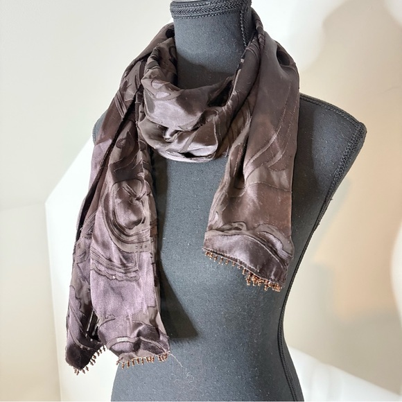 DANIER Chocolate Brown Silk Blend Lightweight Scarf Swirls Whimsical - Picture 4 of 12